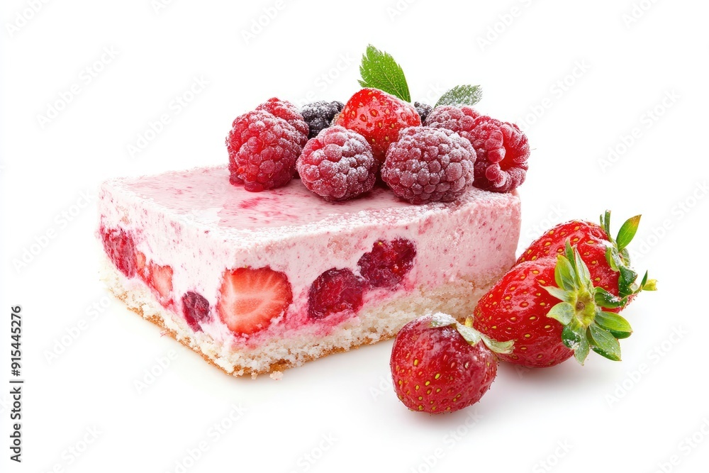 Strawberry and Raspberry Cake Slice with Powdered Sugar Strawberry and Raspberry Cake Slice with Powdered Sugar