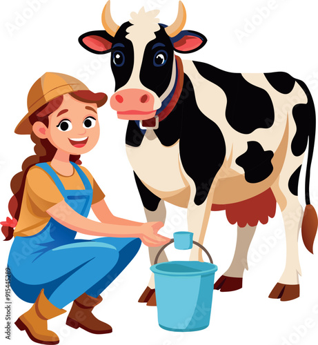 Smiling farmer woman kneeling and milking her cow