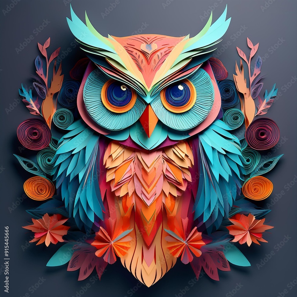 A highly detailed kirigami owl with colorful paper layers A highly detailed kirigami owl with colorful paper layers