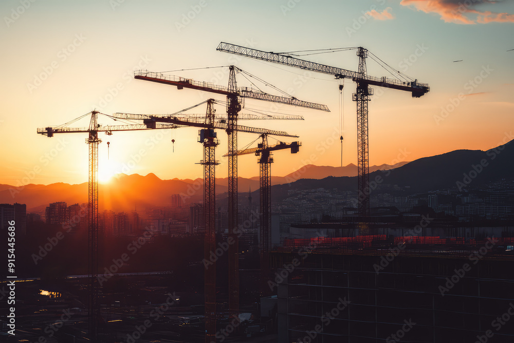 Majestic cranes stand tall against a vibrant sunset, overlooking a city in the embrace of dusk. Majestic cranes stand tall against a vibrant sunset, overlooking a city in the embrace of dusk.