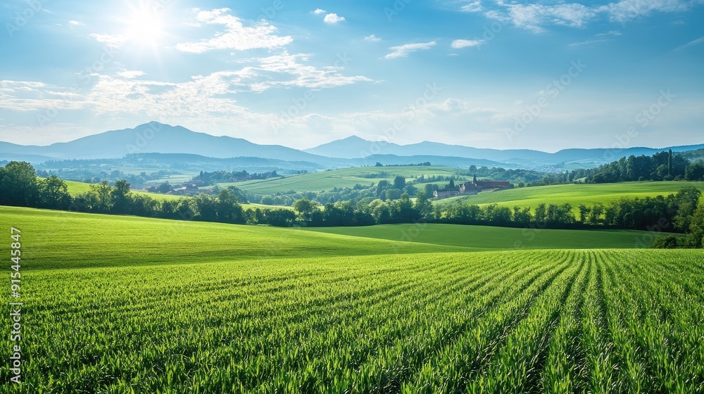 A picturesque countryside with fields of green and a distant mountain range, perfect for a nature escape A picturesque countryside with fields of green and a distant mountain range, perfect for a nature escape