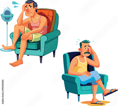 Exhausted man suffering from heatwave sweating at home