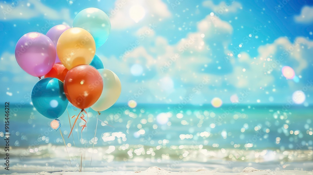 Colorful balloons floating in front of a blurred sunny beach scene. Generative AI Colorful balloons floating in front of a blurred sunny beach scene. Generative AI