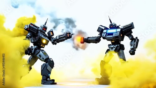 two shooting robots shoot against a white background and shrouded in yellow smoke in the footage photo