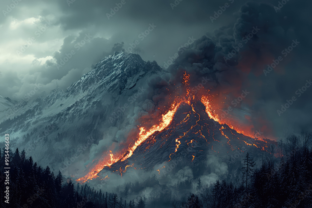 Fototapeta premium Fiery Destruction: A Volcanic Eruption Lights Up the Snow-Capped Mountains