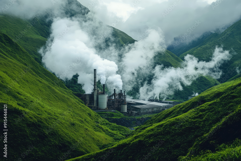 Fototapeta premium Industrial Factory Nestled in a Serene Green Valley with Emissions Blending into Foggy Skies