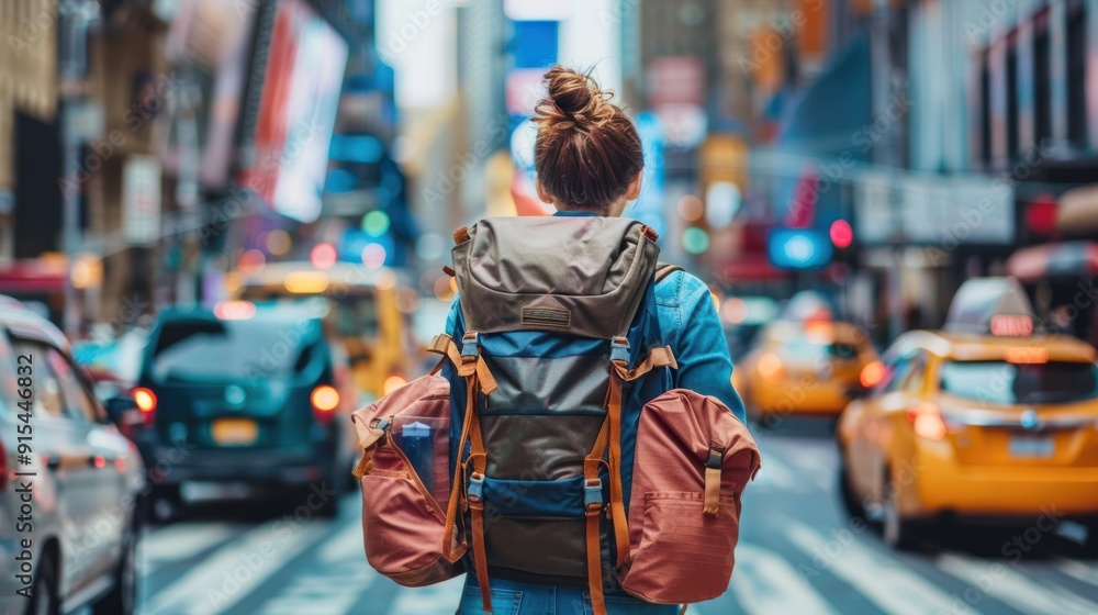 female backpacker carrying full bag walking in big city with heavy traffic. female backpacker carrying full bag walking in big city with heavy traffic.