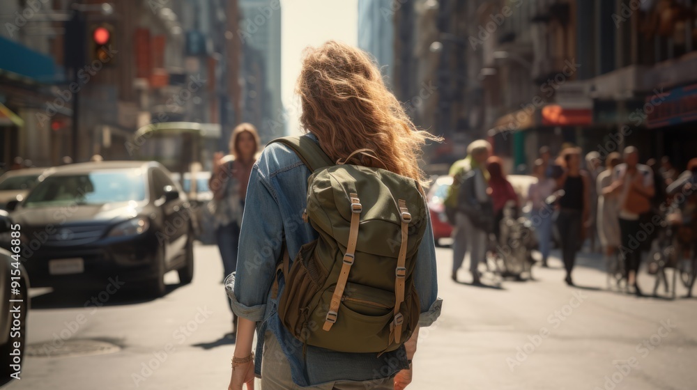 female backpacker carrying full bag walking in big city with heavy traffic. female backpacker carrying full bag walking in big city with heavy traffic.