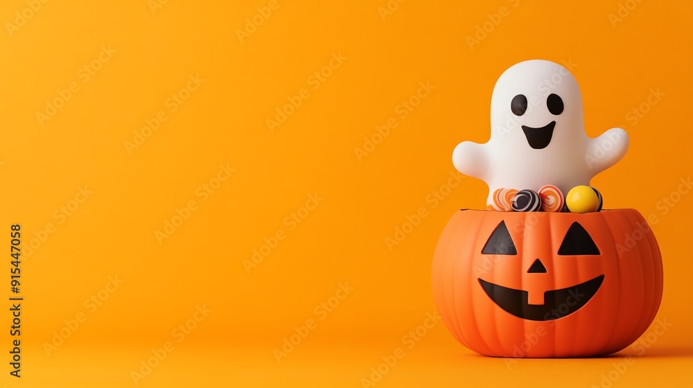 whimsical Halloween ghost popping out of a pumpkin with a candy Cartoonish style, simple lines, soft pastel colors Friendly and inviting whimsical Halloween ghost popping out of a pumpkin with a candy Cartoonish style, simple lines, soft pastel colors Friendly and inviting