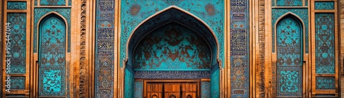 Intricate Turquoise and Gold Mosaic on the Entrance to a Mosque