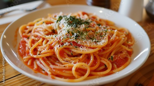 The dish placed on the wooden table comprises spaghetti with an sauce