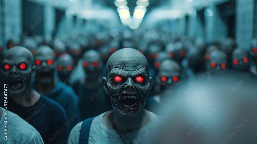 Zombie horde chasing survivors through a dark alley, Zombie undead apocalypse, frantic escape Zombie horde chasing survivors through a dark alley, Zombie undead apocalypse, frantic escape