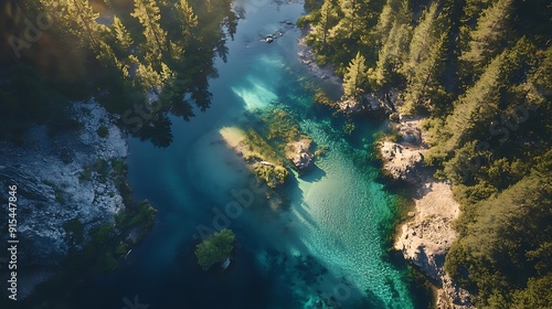 Aerial View of Turquoise River Flowing Through Lush Forest - Photo