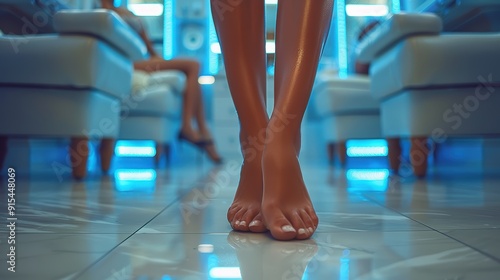 A woman relaxes with freshly manicured nails in a brightly lit nail salon