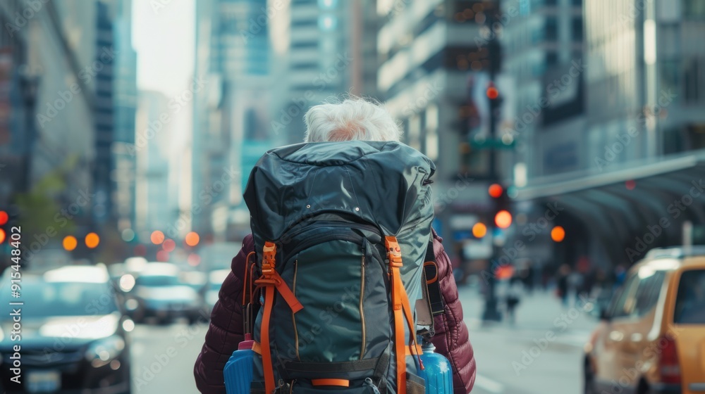 Obraz premium Senior female backpacker carrying a full bag walking in a big city 