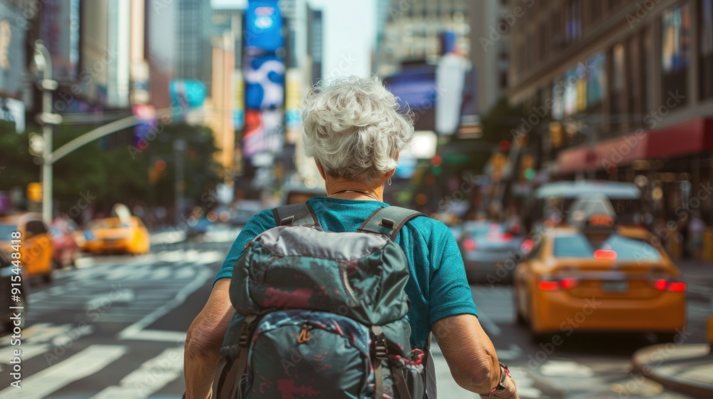 Obraz premium Senior female backpacker carrying a full bag walking in a big city 