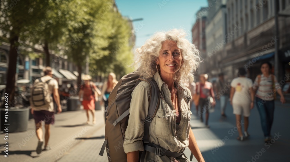Senior female backpacker carrying a full bag walking in a big city Senior female backpacker carrying a full bag walking in a big city