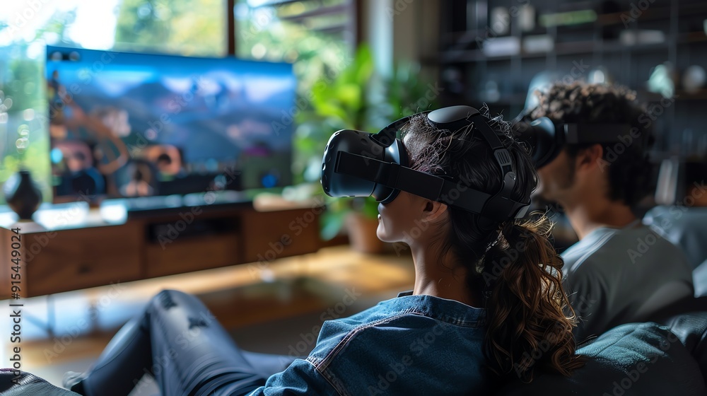Two people experiencing virtual reality with VR headsets, enjoying immersive gaming in a cozy living room setting. Two people experiencing virtual reality with VR headsets, enjoying immersive gaming in a cozy living room setting.
