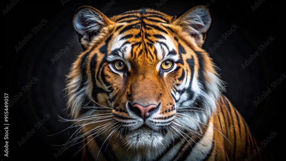 Obraz premium Tiger with intense eyes staring from a dark background, wildlife, predator, fierce, nature, feline, powerful, majestic, striped
