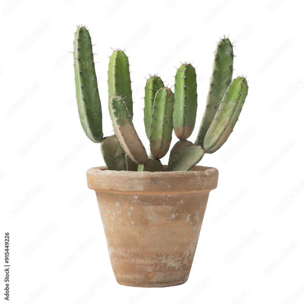 A potted cactus with long, green stems and a terracotta pot. A potted cactus with long, green stems and a terracotta pot.