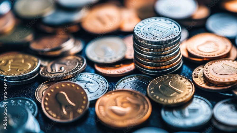 A scattered yet organized pile of Euro coins, some stacked, showcasing the diversity in currency handling A scattered yet organized pile of Euro coins, some stacked, showcasing the diversity in currency handling
