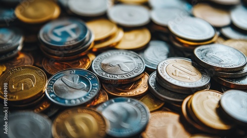 A scattered yet organized pile of Euro coins, some stacked, showcasing the diversity in currency handling photo