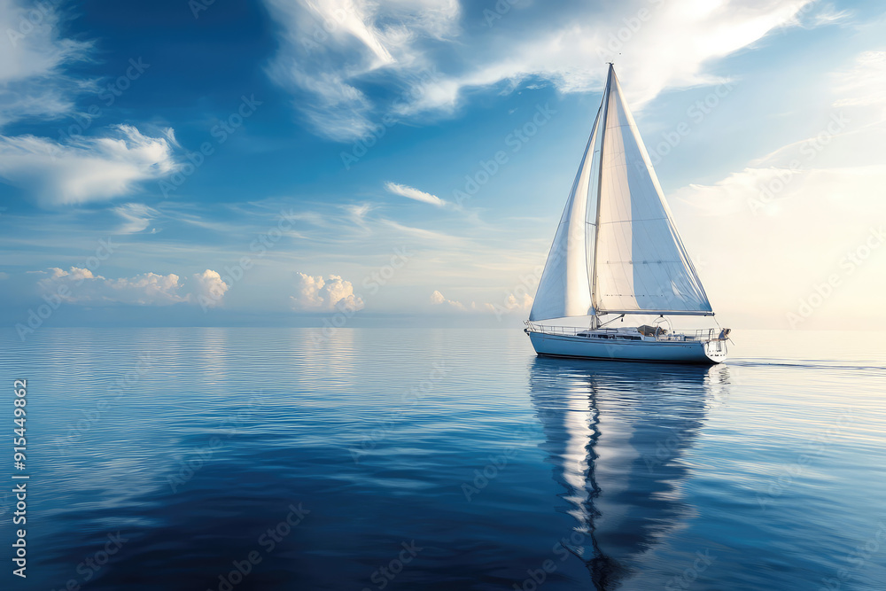 Fototapeta premium Tranquil Voyage: A Sailboat Glides Effortlessly Across a Mirror-like Sea
