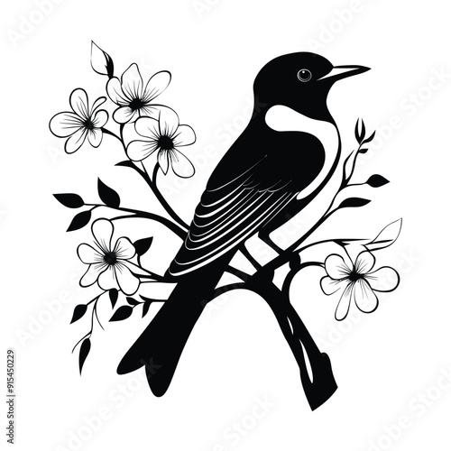 mockingbird auf blue bonnet flower vector silhouette, magpie icon Simple illustration of male magpie vector icon, Small magpie icon Simple illustration of small magpie vector icon