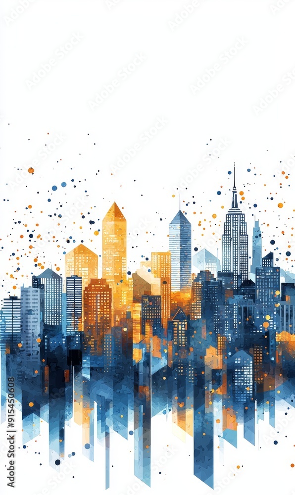 Colorful urban skyline with abstract geometric patterns and splashes of vibrant hues Colorful urban skyline with abstract geometric patterns and splashes of vibrant hues