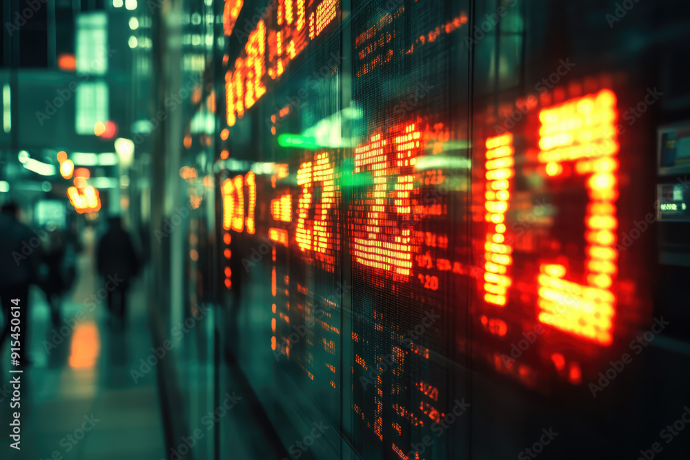 Fototapeta premium Vibrant Stock Ticker Display Illuminates Busy Trading Floor