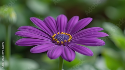 Close-up of a vibrant purple flower with yellow stamens surrounded by lush green foliage in soft daylight