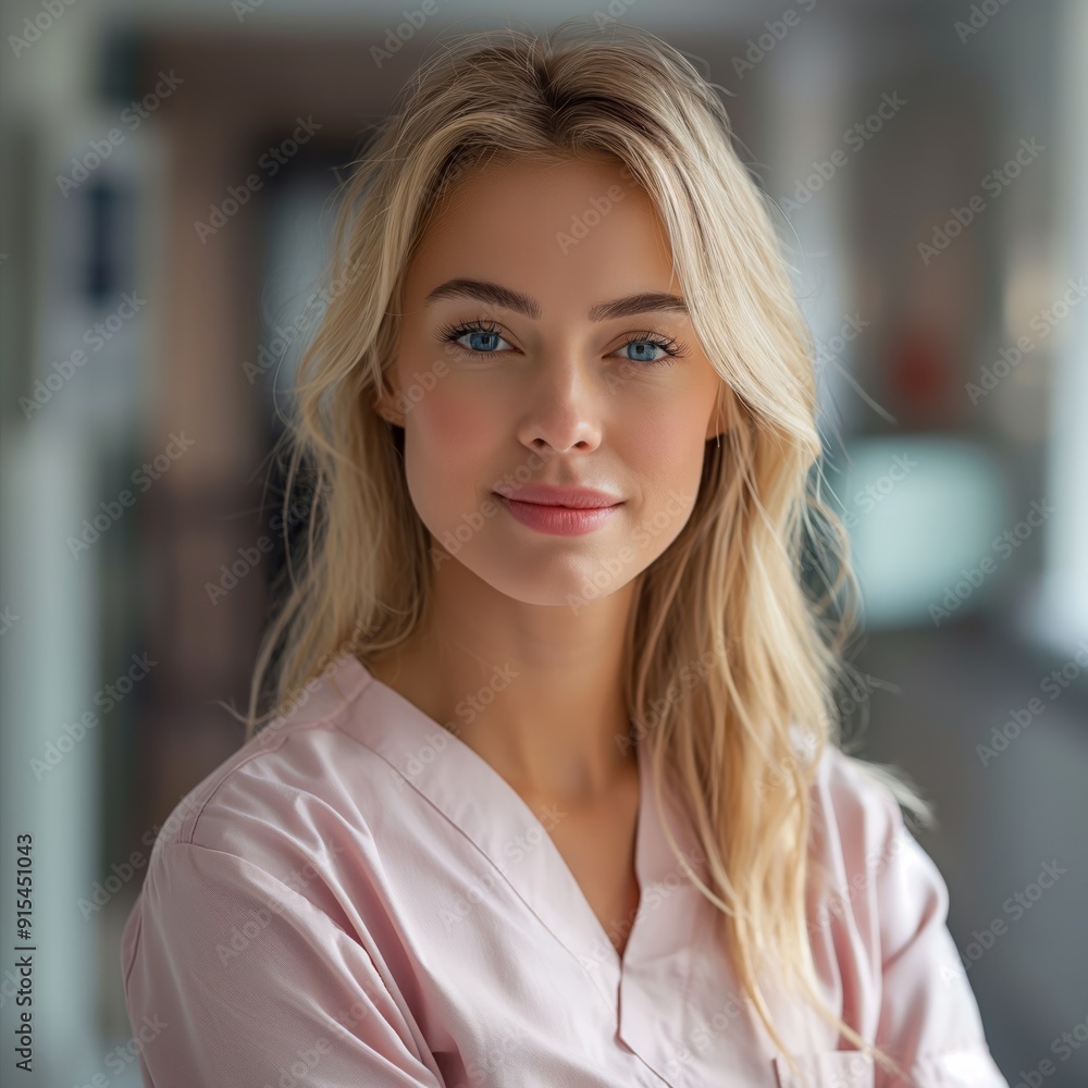 Half-length portrait of a blonde woman. Woman with soft lighting in a bright, neutral background. Suitable for medical or professional photography. Photograph, vertical format. Half-length portrait of a blonde woman. Woman with soft lighting in a bright, neutral background. Suitable for medical or professional photography. Photograph, vertical format.