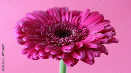 A close-up of a vibrant pink gerbera daisy against a soft pink background