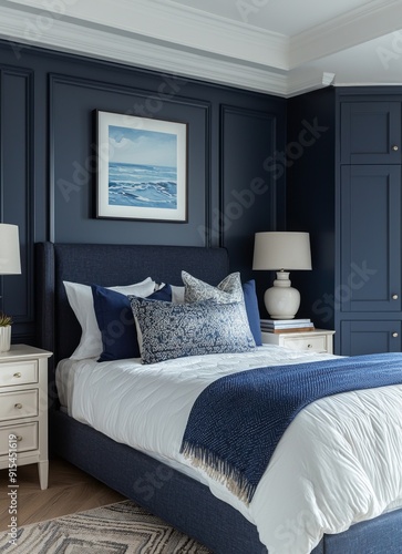 Wallpaper Mural Elegant bedroom with navy blue walls, white bedding, and modern decor Torontodigital.ca