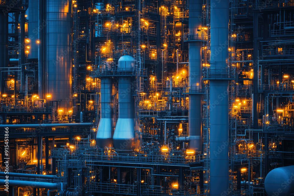 Dazzling Nighttime View of a Vast Oil Refinery with Glowing Pipes and Towers Dazzling Nighttime View of a Vast Oil Refinery with Glowing Pipes and Towers