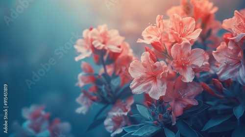 Delicate pink azalea flowers blooming in a serene garden during the early morning light