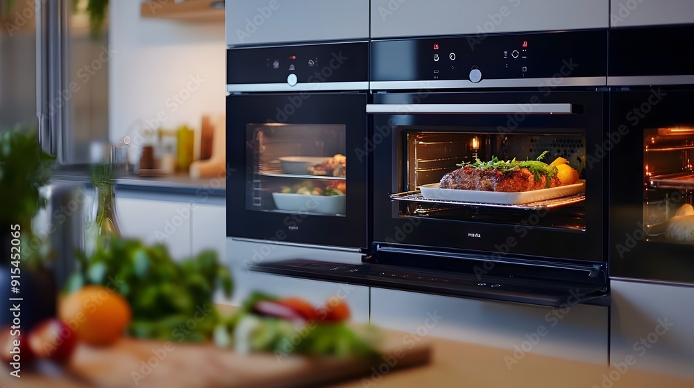 Modern Kitchen Interior with Open Oven and Fresh Produce Modern Kitchen Interior with Open Oven and Fresh Produce