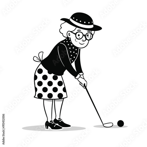 Cute Grandma Character Design, Golf player cartoon vector illustration Flat design, Golf female golfer with a club isolated coloring vector