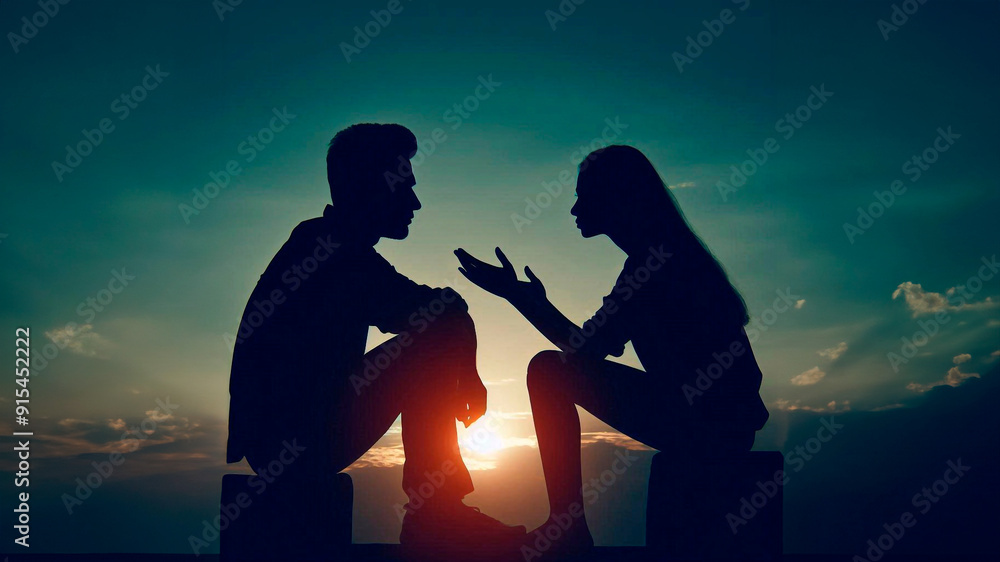Silhouette of sad couple man and woman arguing. Family quarrel and conflict concept, disagreement in family Silhouette of sad couple man and woman arguing. Family quarrel and conflict concept, disagreement in family