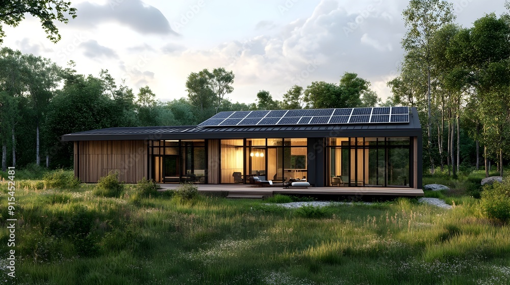 Sustainable Wooden Cabin with Solar Panels in Scenic Forest Landscape Sustainable Wooden Cabin with Solar Panels in Scenic Forest Landscape