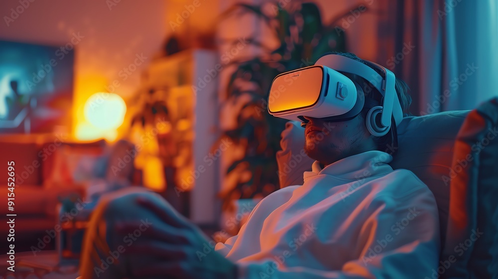 Man wearing VR headset in a cozy living room, fully immersed in virtual reality experience with warm ambient lighting. Man wearing VR headset in a cozy living room, fully immersed in virtual reality experience with warm ambient lighting.