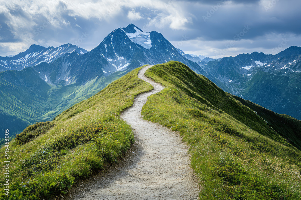 Serene Mountain Path Leading to a Snow-Capped Peak Under a Moody Sky Serene Mountain Path Leading to a Snow-Capped Peak Under a Moody Sky