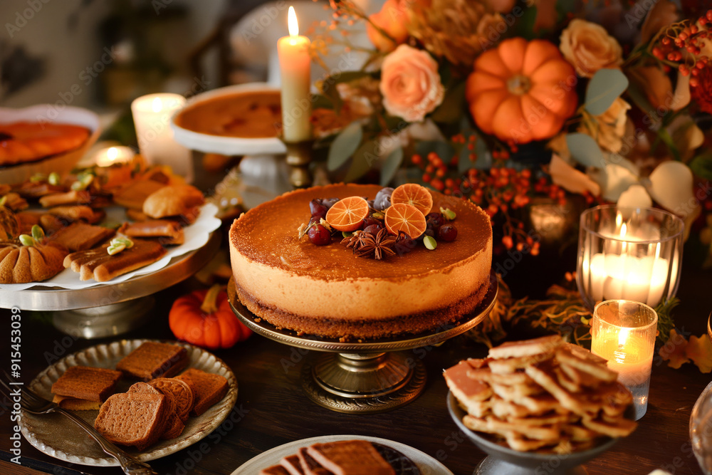 An elegant Thanksgiving dessert table featuring a pumpkin cheesecake with a gingerbread crust, surrounded by other seasonal treats, candles, and autumnal decorations. An elegant Thanksgiving dessert table featuring a pumpkin cheesecake with a gingerbread crust, surrounded by other seasonal treats, candles, and autumnal decorations.