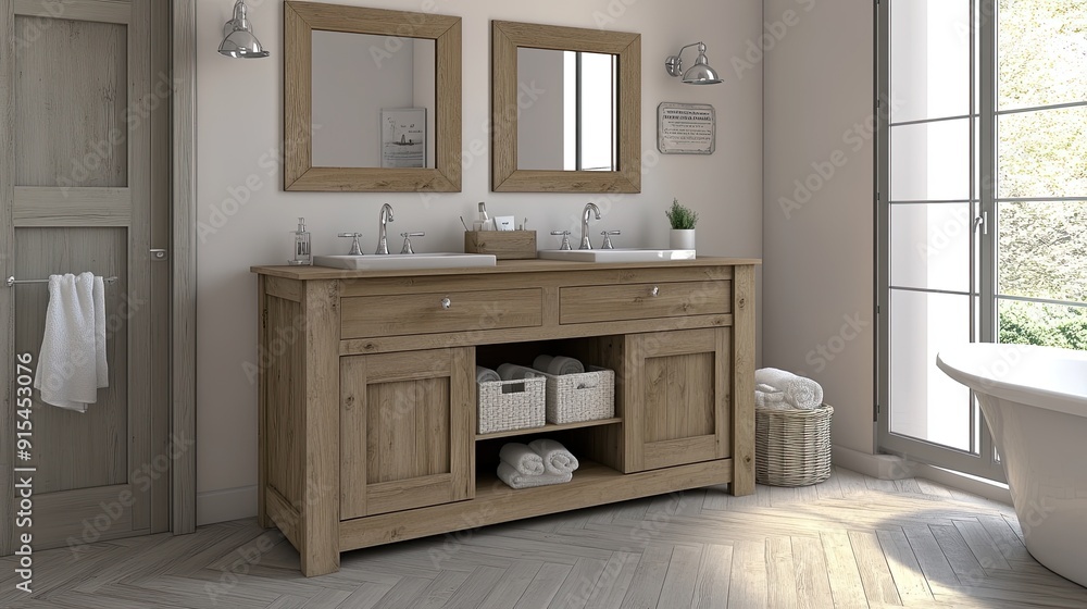 Bright bathroom features a double vanity wooden cabinet with open storage, a sleek bathtub, and simple decor, creating a calm and inviting atmosphere