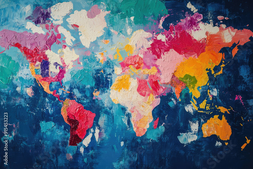 A World Map Painted with Vibrant Colors on a Canvas, Showcasing the Beauty of Earths Diversity photo