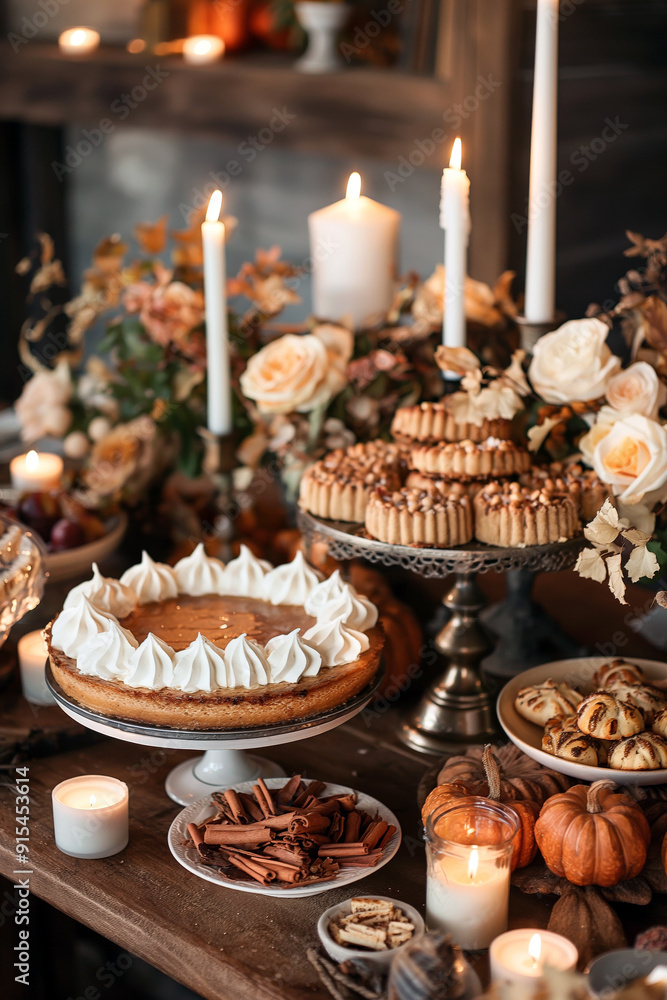 Fototapeta premium A Thanksgiving dessert table featuring a pumpkin cheesecake with a gingerbread crust, surrounded by other seasonal treats, candles, and autumnal decorations.