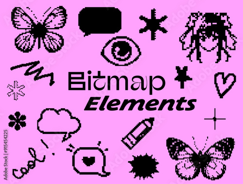 Set of elements for design with different random objects in pixel art style. Geometric figures, speech bubbles, images of eyes, ect.