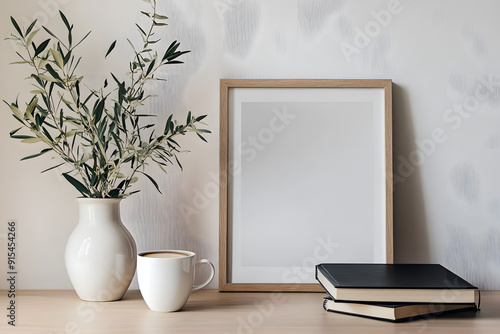 Breakfast still life. Cup of coffee, books and empty picture frame mockup on wooden desk, table. Vase with olive branches. Elegant working space, home office concept. Scandinavian interior design.