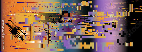Retrofuturistic abstract background with pixelated glitches and ambient colorful disturbances.