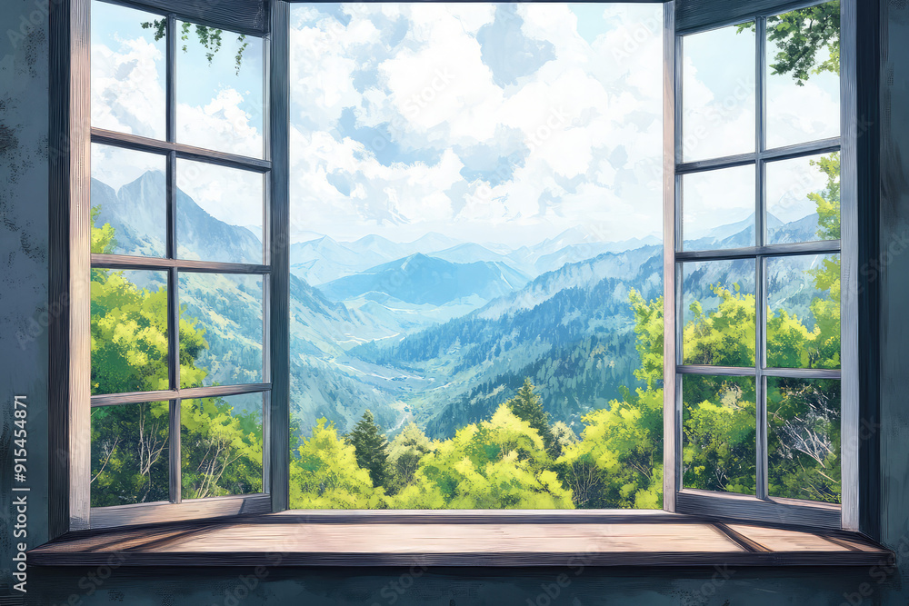 Naklejka premium Captivating Mountain View Through a Panoramic Window